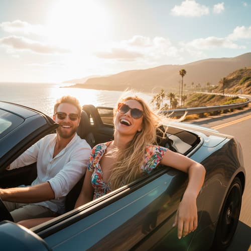 Casal em roadtrip ao pôr do sol com mirantes e hotel boutique para lua de mel