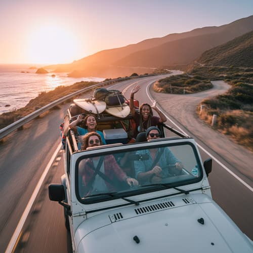 Grupo de amigos em carro rumo à costa, paradas animadas e vida noturna