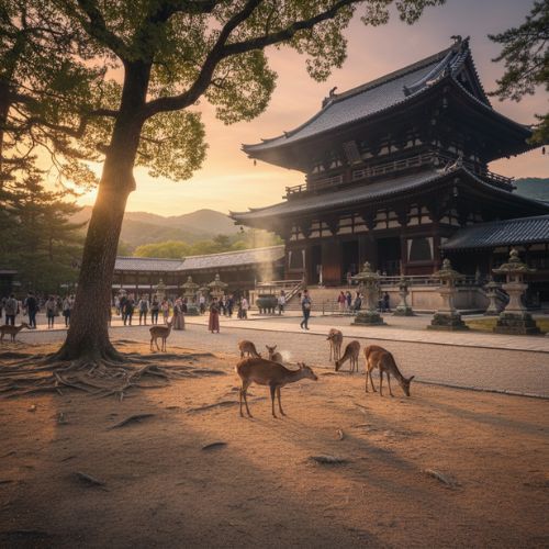 Cervos no Parque de Nara interagindo com visitantes