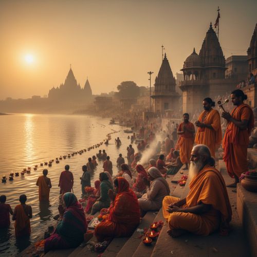 Hindu acendendo vela à beira do rio Ganges durante ritual espiritual em Varanasi.