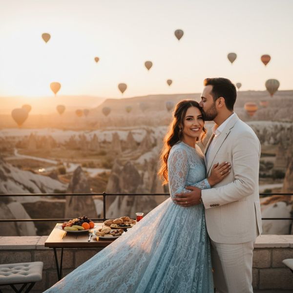 Casal romântico em voo de balão sobre a Capadócia ao amanhecer.