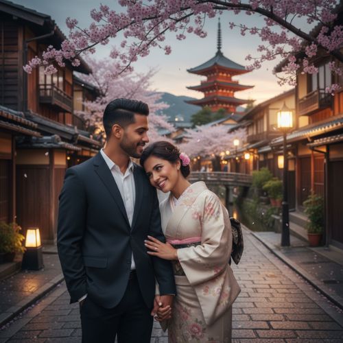 Casal vestindo kimonos tradicionais no santuário Fushimi Inari em Kyoto