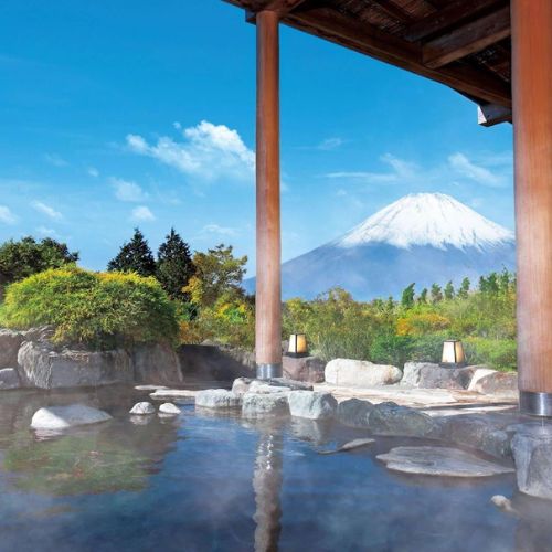 Onsen tradicional com vista para as montanhas em Hakone