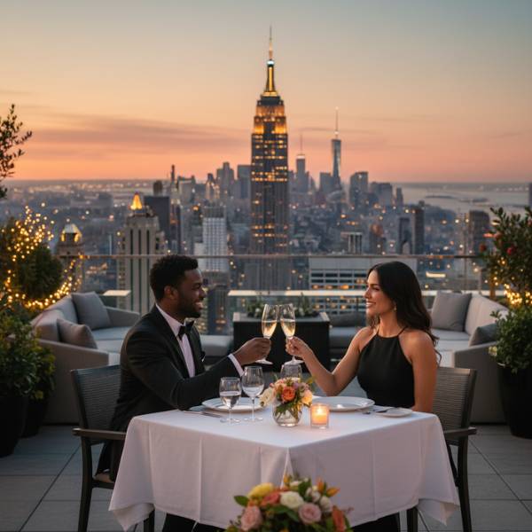 Casal jantando com vista para as luzes de Manhattan, Nova York.