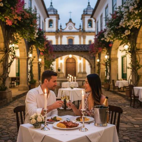 Casal em jantar romântico em pátio interno de pousada em Tiradentes.