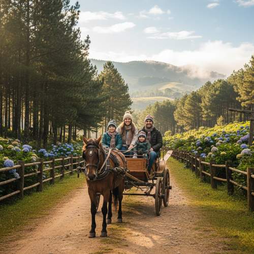 Família em piquenique em clareira de Monte Verde.