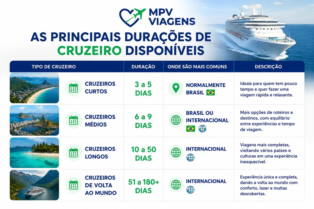 Confira as principais durações de cruzeiro disponíveis. Nosso artigo sobre Quantos dias dura um cruzeiro irá te ajudar a comprar com segurança pacotes de cruzeiro.