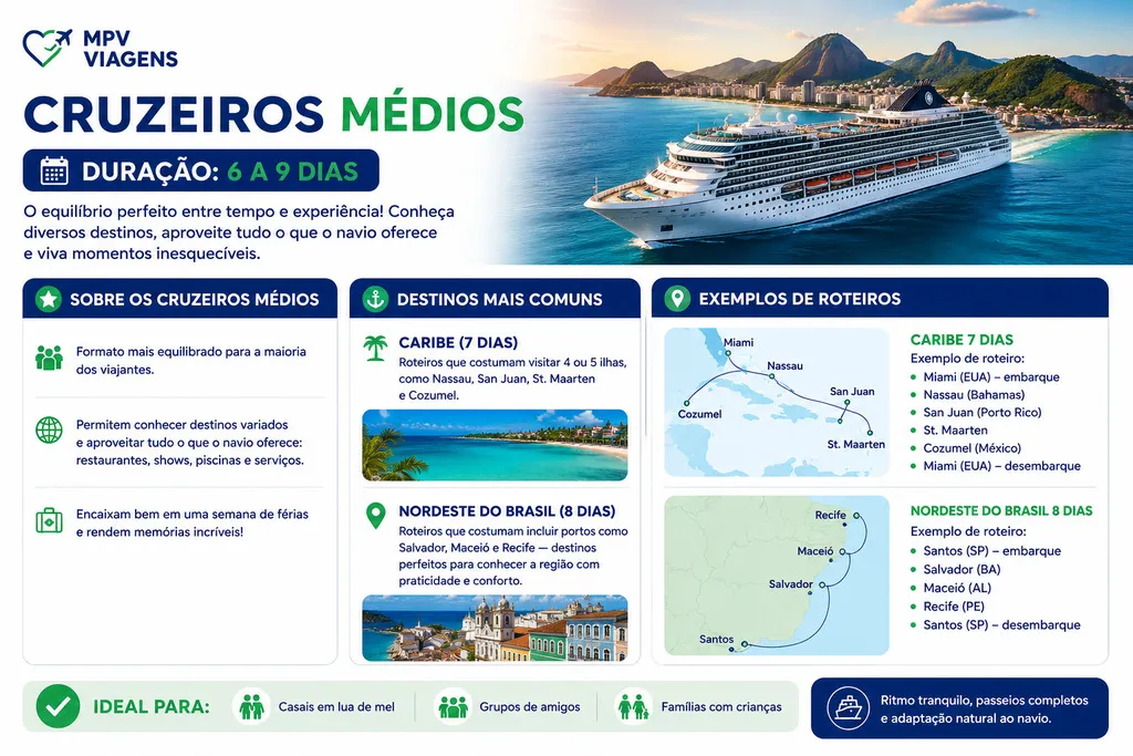 Cruzeiros médios de 6 a 9 dias: infográfico da MPV Viagens mostra duração, destinos mais comuns, exemplos de roteiros no Caribe e no Nordeste do Brasil e para quem esse tipo de cruzeiro é ideal.