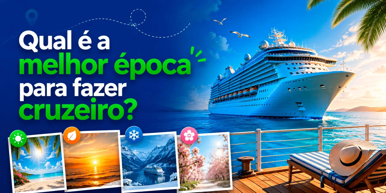 Banner do artigo Qual é a melhor época para fazer cruzeiro?, com navio de cruzeiro em alto-mar, pôr do sol e elementos visuais que representam diferentes estações do ano.